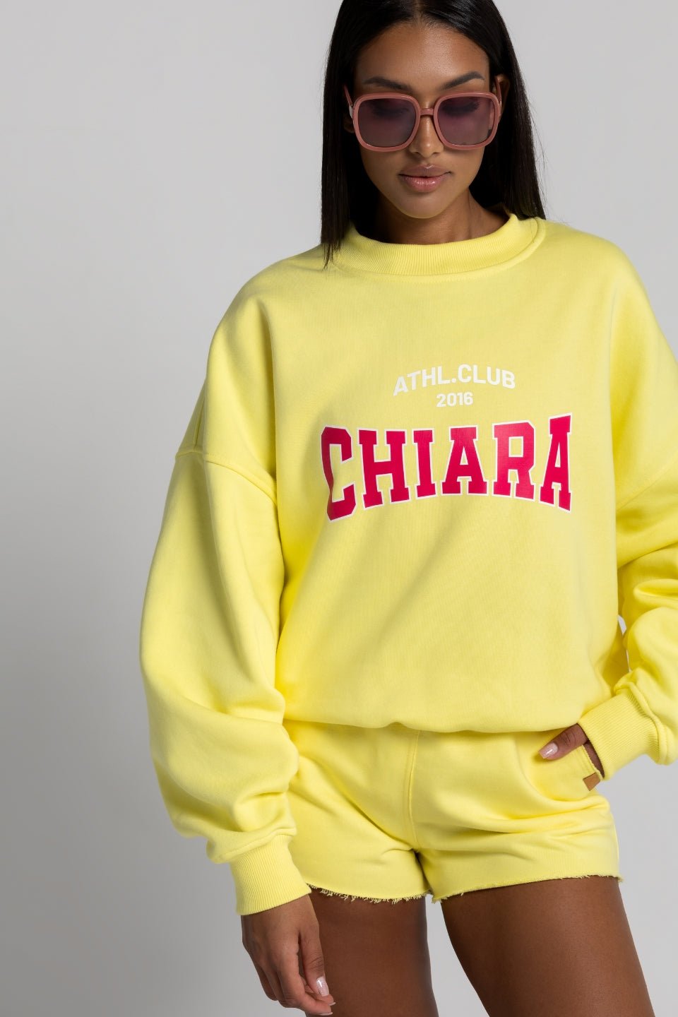 Bluza oversize z marszczeniami - żółty nadruk CHIARA różowy - Chiara Wear