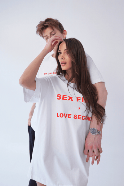 T-shirt bawełna z recyklingu oversize SEX FIRST męski - biały - Chiara Wear