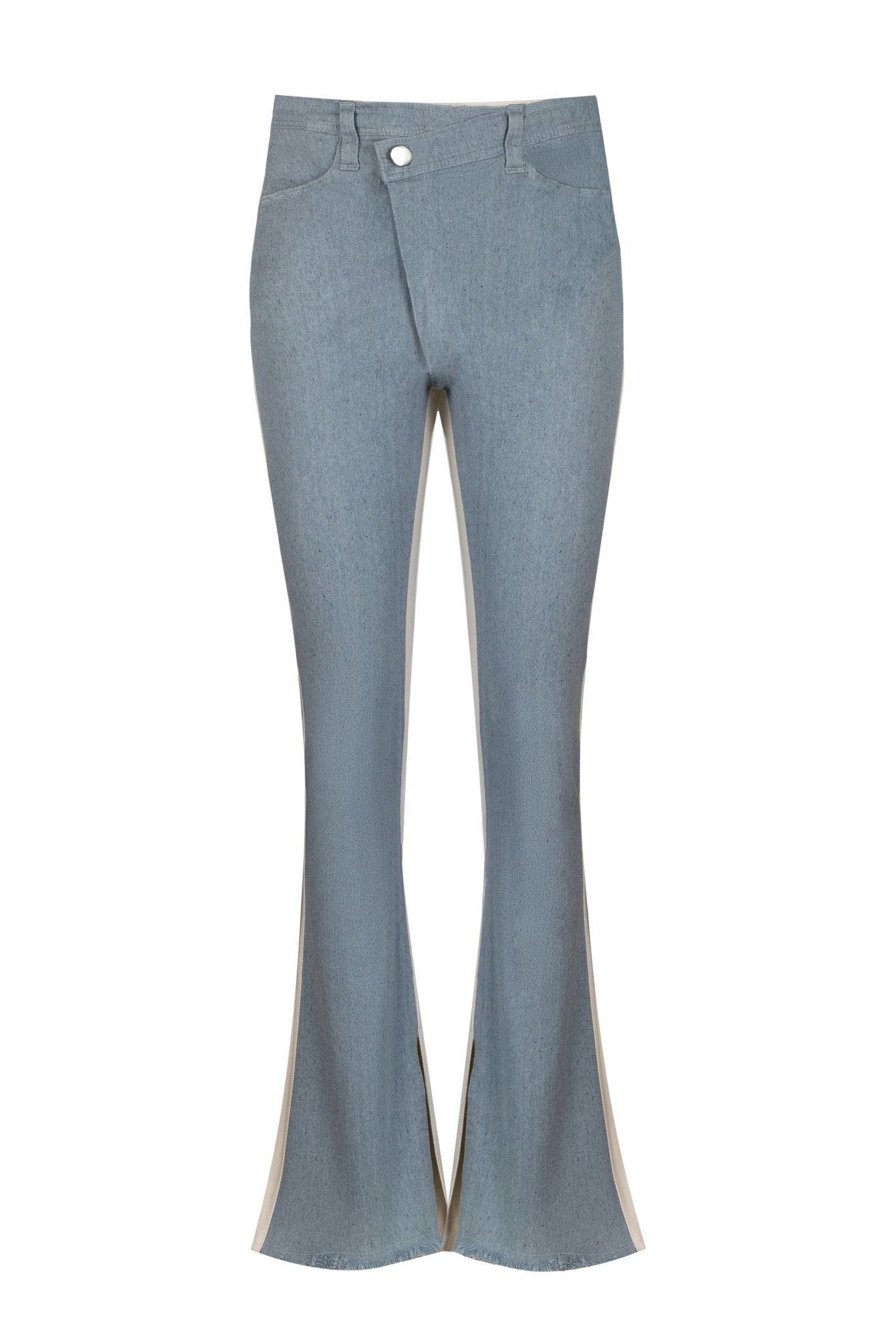 Spodnie jeansowe dzwony PATCHWORK - beżowo-niebieskie - Chiara Wear