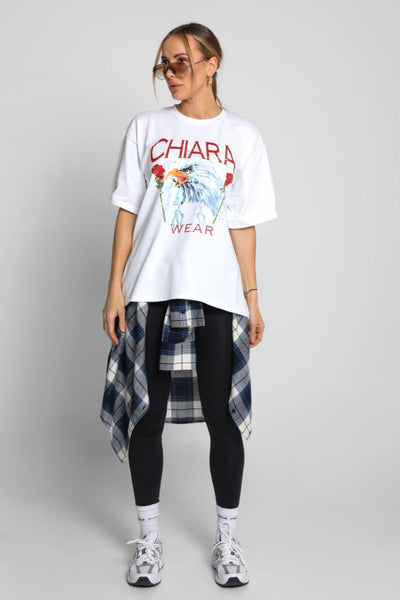T-shirt damski oversize nadruk ROSE - biały - Chiara Wear