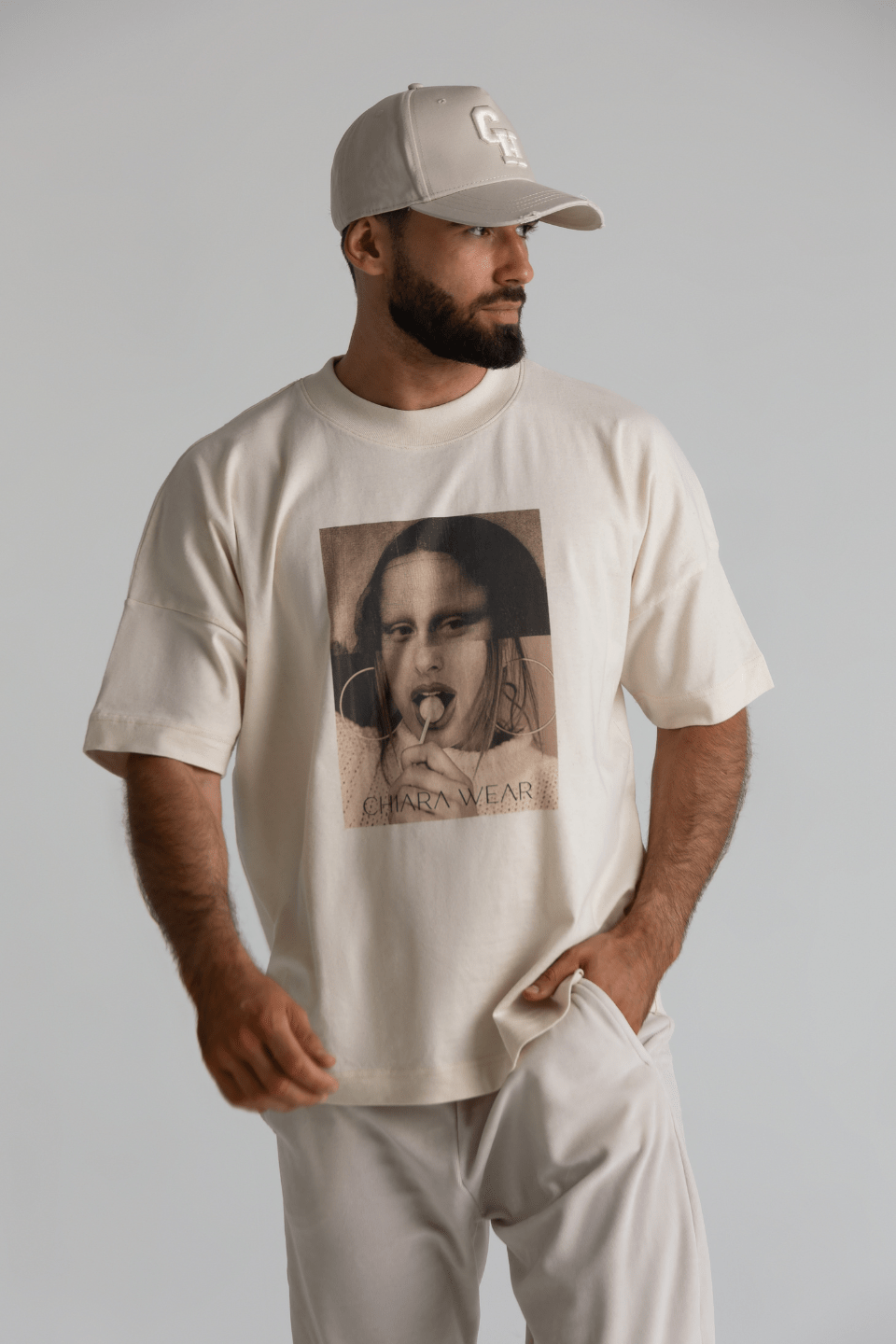 T-shirt męski oversize MONALISA - natural - Chiara Wear