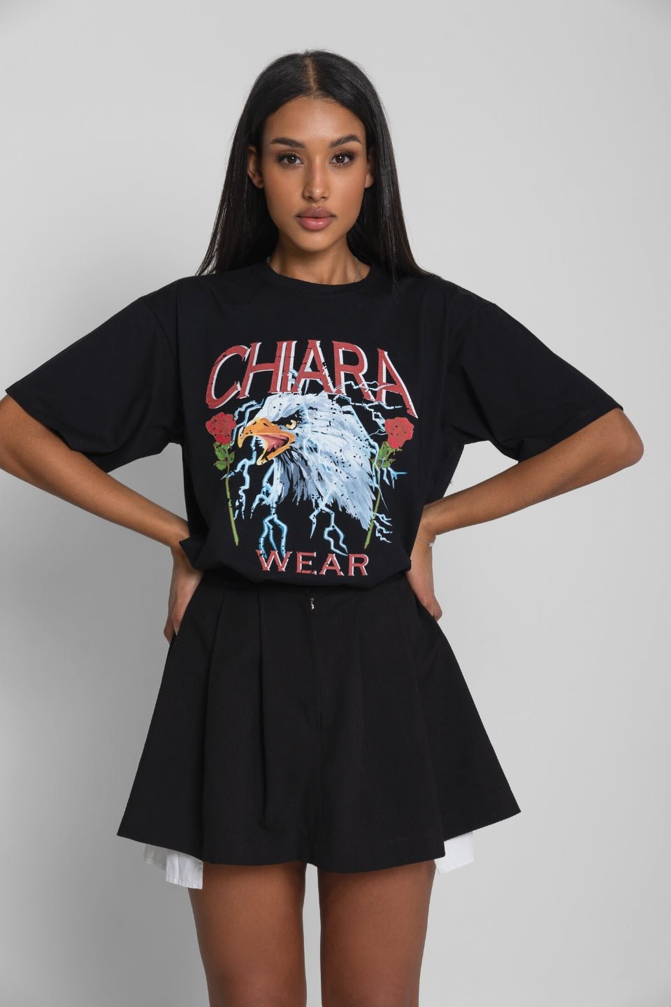 T-shirt oversize nadruk ROSE - czarny - Chiara Wear