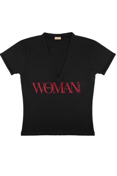 T-shirt V-NECK STRONG WOMAN - czarny - Chiara Wear