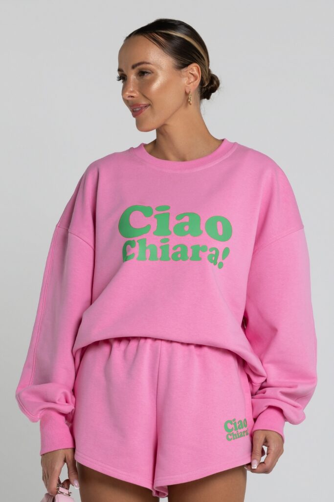 Bluza damska oversize CIAO CHIARA – różowy nadruk zielony