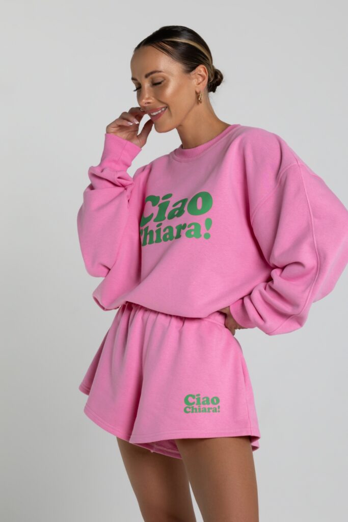 Bluza damska oversize CIAO CHIARA – różowy nadruk zielony