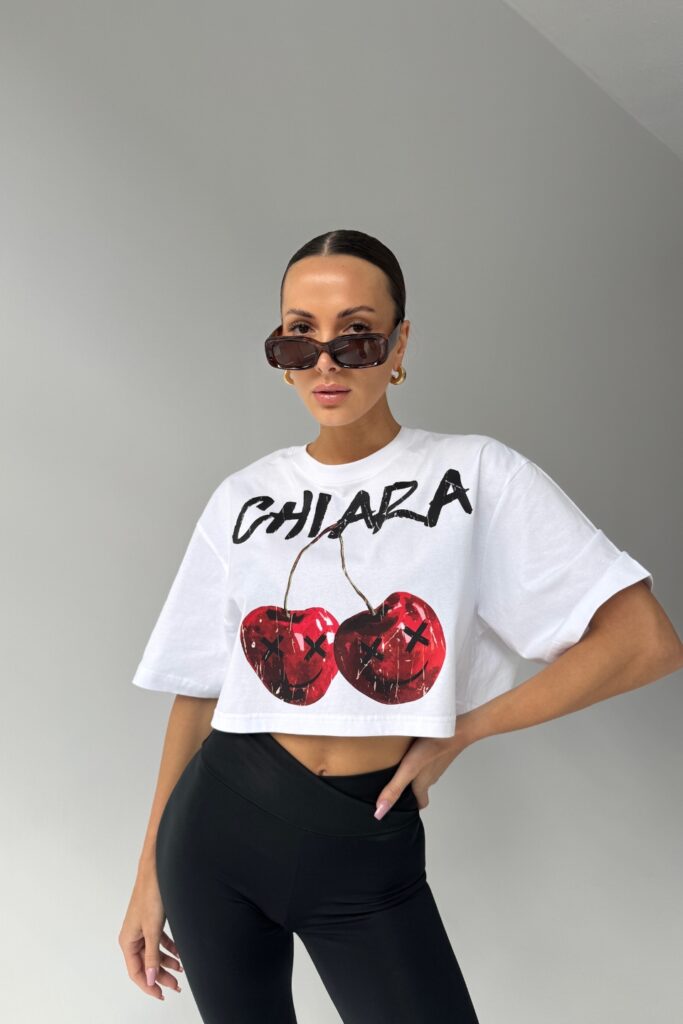T-shirt crop top CHERRY – biały