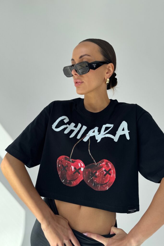 T-shirt crop top CHERRY – czarny